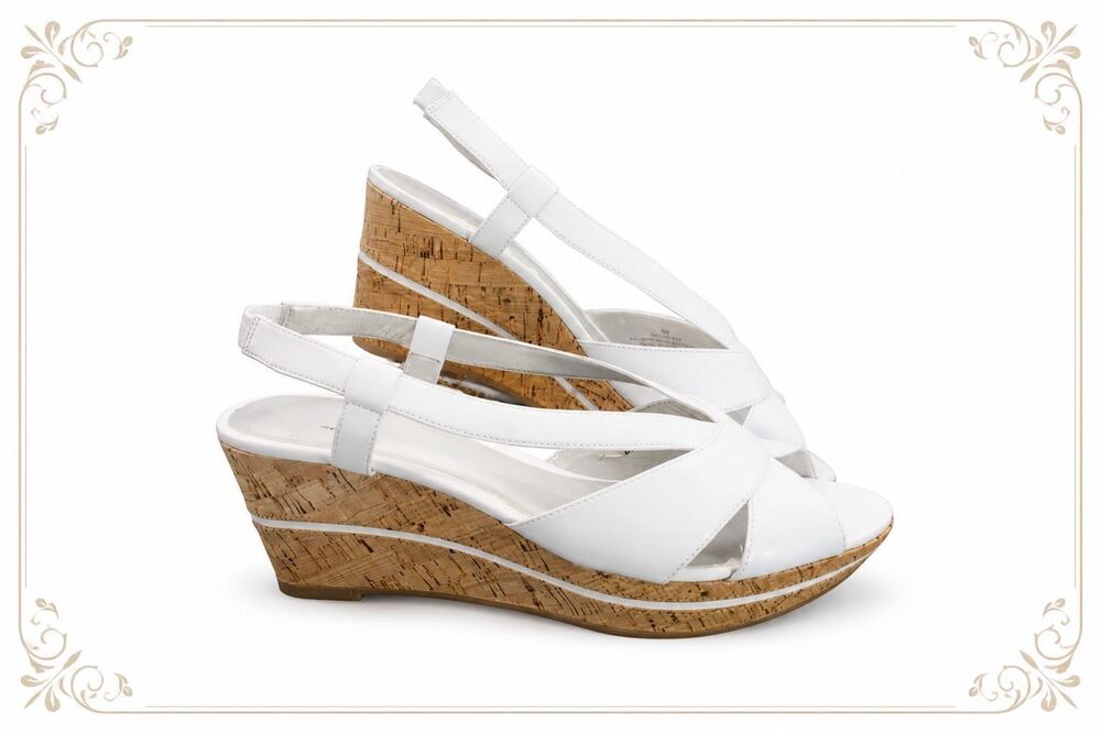 Impo White Patent Grandeur Wedge Sandals Strappy Slingback Size 8